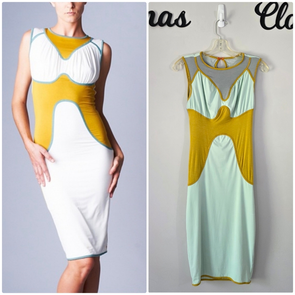 Nuvula Bodycon Colorblock Bamboo Pastel Blue Mustard Green Midi Dress Sz Medium